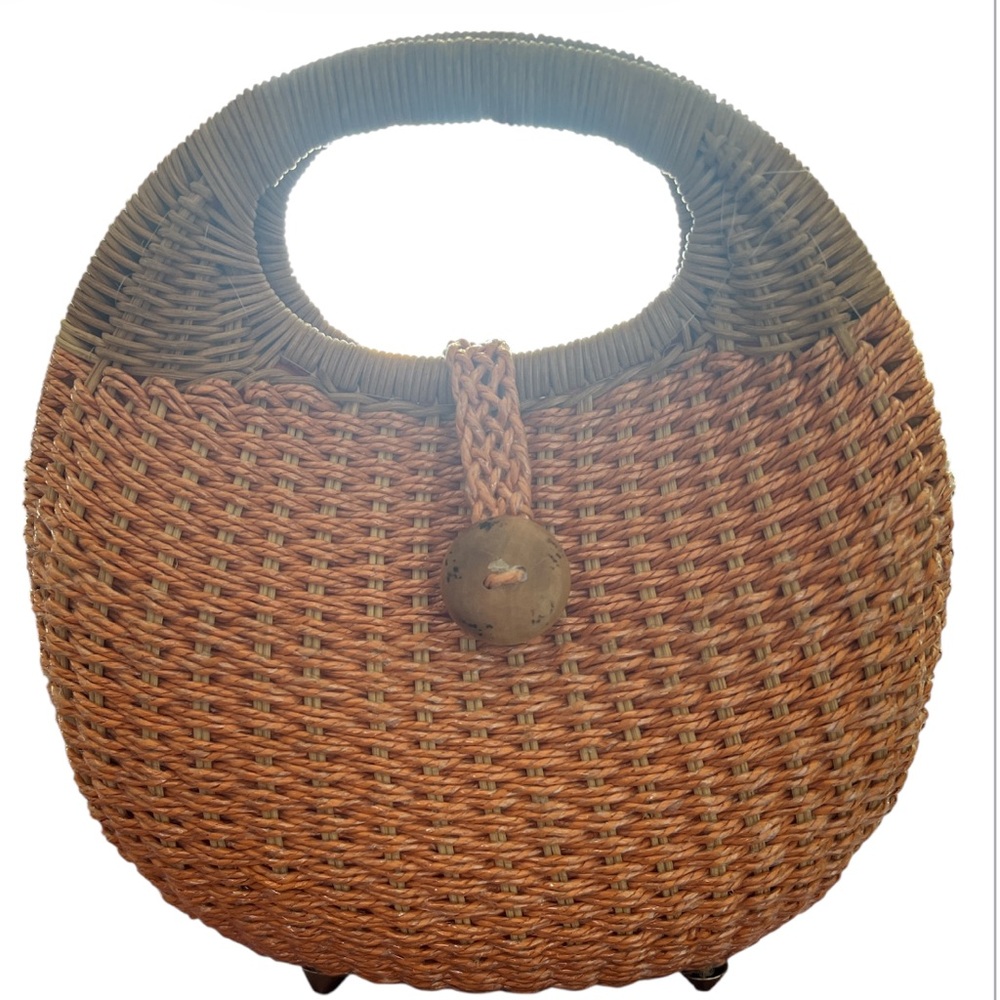 Woven Basket‎ Handbag Round Tote Orange Brown Handle